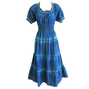 Lapis Denim Maxi Dress Prairie Tiered Puff Sleeves Embroidery Smocked Waist M